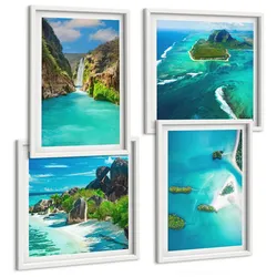 BILDER SET 4er Set - 50x50 cm & 40x60 cm Weißer Rahmen - Tropische türkisfarbene Inseln