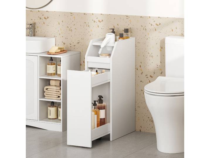 Petite armoire de salle de bain, petite armoire pour papier toilette, avec tiroir et roulettes, armoire de rangement sur pied pour petits espaces, blanche