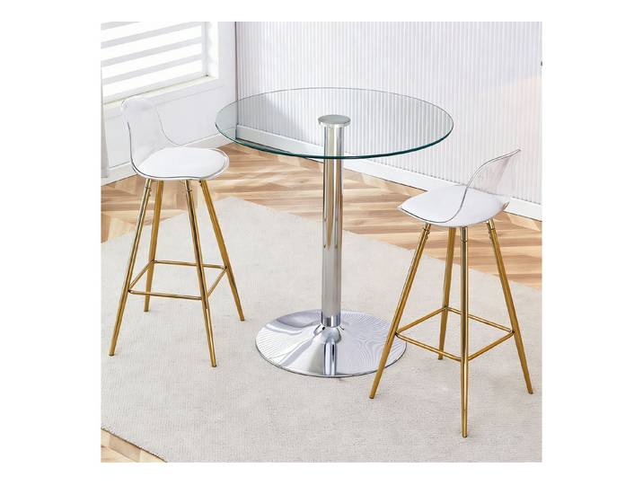 Fine Life Pro Essgruppe Bar-Set, Glastisch, 2 Barhocker, goldene Beine, 89 cm, transparent, vielseitig, platzsparend