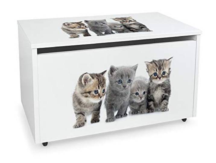 Leomark Coffre de Rangement pour Enfants - Chats - Organisateur à jouets en bois\, Conteneur à jouets\, banc sur roulettes\, Dimensions: L 71 x P 40 x H 46 cm