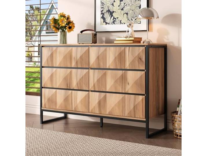 Merax Sideboard & Kommode, 120x40x80 cm, mit 6 Schubladen, Metallbeine, Stabiler Eisenrahmen, viel Stauraum, modernes industrielles Design für Wohnzimmer, Schlafzimmer & Flur, Holzfarbe
