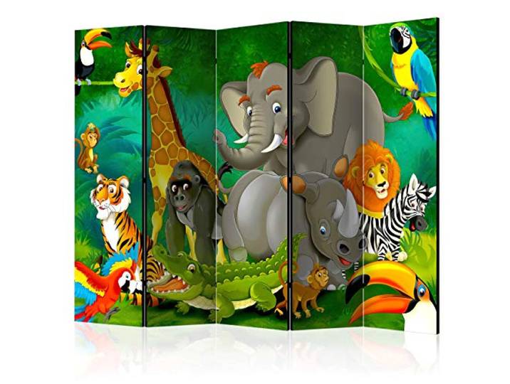 decomonkey Paravent Raumteiler Innen Tiere, 225x172 cm, 5-teilig, Einseitig Afrika, Elefant, Fabel, Wohnzimmer, Room Divider, Wall, Raumteiler Stehend, Trennwand, Sichtschutz, Spanische Wand, Holz