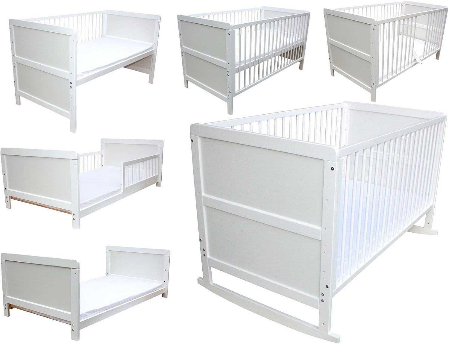 Weißes Kinder- und Juniorbett als Beistellbett und Wiege, 4-in-1, 140 x 70cm, inklusive Matratze