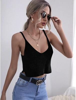 Universal Stock Women's Knit Camisole Top With Asymmetrical Hem Lightweight Summer Sweater Vest black m