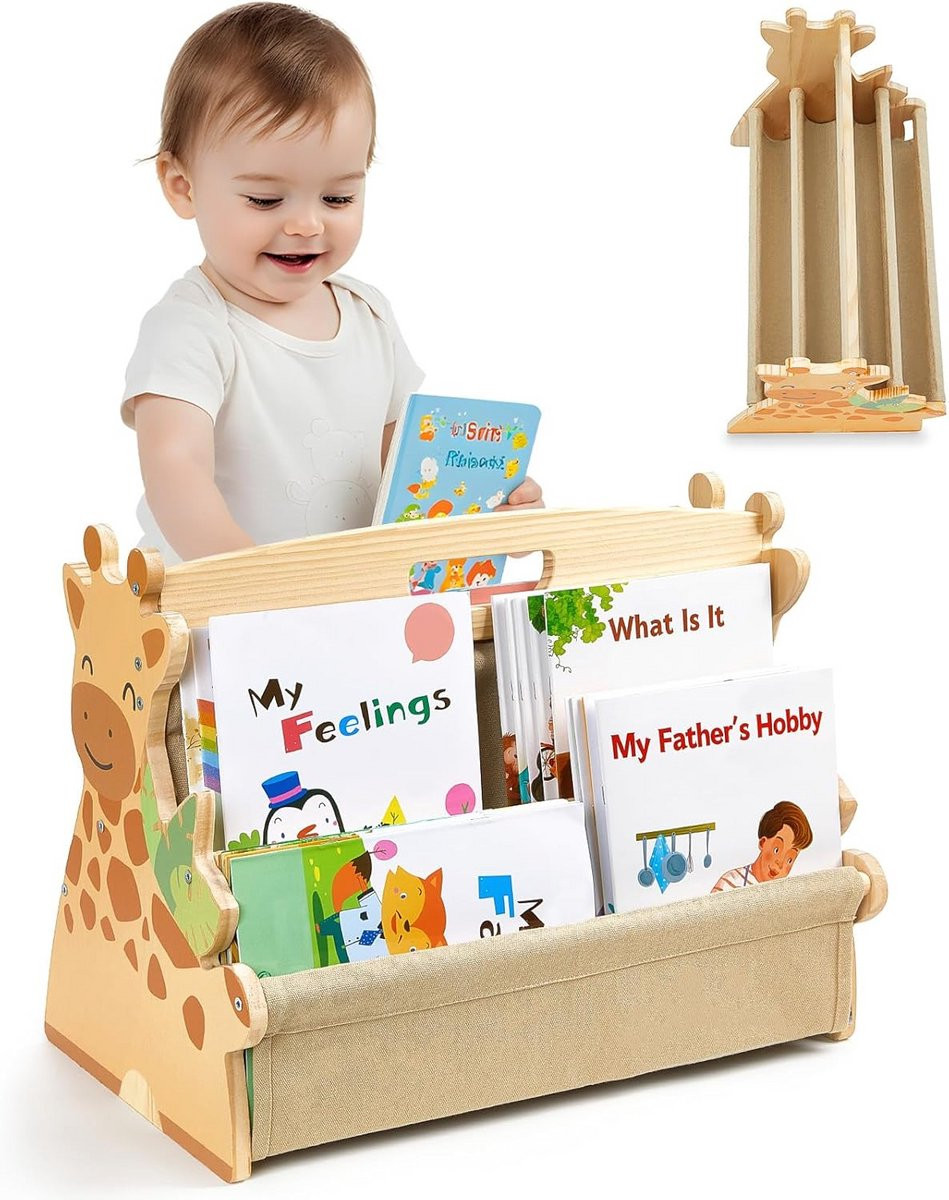 Kinderboekenkast Hout in Montessori Stijl - Dubbelzijdig Rek voor de Kinderkamer - Giraf Geel - Breedte: 442 cm