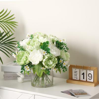 Garvee Peonies Bouquet, Silk Faux Peony with Glass Bottle and Faux Water for Home Decor Wedding Bouquets Table Centerpieces