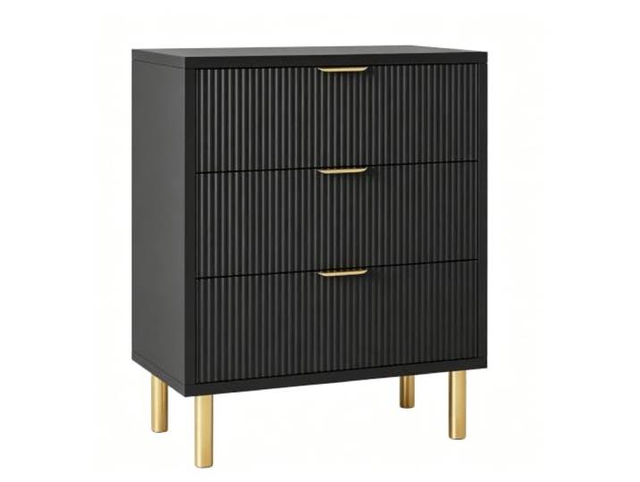 GarveeHome Kommode 3 Schubladen Holz geriffelt mit Stauraum Schwarz Kommode 3 Schubladen 76 cm Holz Metallbeine Vintage Gold