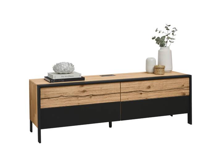 Valdera Lowboard, Graphitfarben, Eichefarben, Metall, Wildeiche, massiv, 4 Schublade(n) Schubladen, 164x52.6x44.6 cm, Made in Germany, Dgm, DGM-Klimapakt, DGM-Emissionslabel, Beimöbel erhältlich, stehend, In verschiedenen Grössen erhältlich, Wohnzimmer, TV Möbel, Lowboards, Lowboards stehend