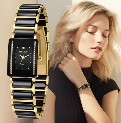 PRiME Fashion Luxury Rectangle Wristwatch For Men And Women, Ceramic Quartz Watch, Waterproof Black Gold Couple Gift 2010l ladies