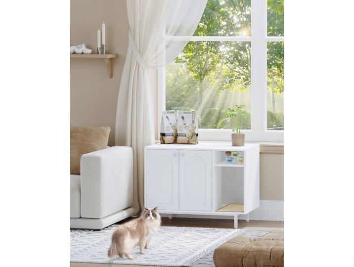 Armoire pour chat, armoire pour bac à litière, maison pour chat avec porte et séparateur, armoire robuste pour chat, banc, blanc