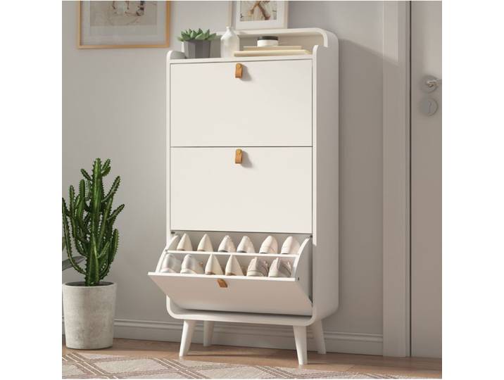 Meuble à chaussures étroit 3 portes abattantes avec plateau supérieur rangement fermé anti-poussière blanc MDF