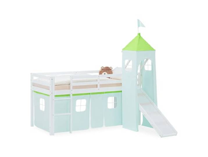 Homestyle4u Hochbett 90x200 mit Rutsche & Turm, Kinderbett Holz Weiß Spielbett aus Massivholz Kiefer mit Vorhang in Grün, Hochbett Kinder inkl. Absturzsicherung, nach EU-Norm EN 747 geprüft