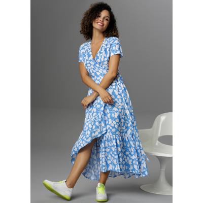 Wickelkleid ANISTON CASUAL, Damen, Gr. 38, N-Gr, blau (blau, weiß), Web, Obermaterial: 100% Viskose, bedruckt, geblümt, figurumspielend knöchelfrei, V-Ausschnitt, Kleider Wickelkleid, mit graphischen Blätterdruck