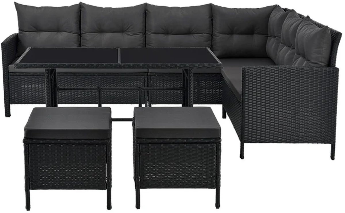 Juskys Loungeset Manacor met hoekbank, eettafel, 2 voetenbanken en kussens - Polyrotan - Zwart/Grijs