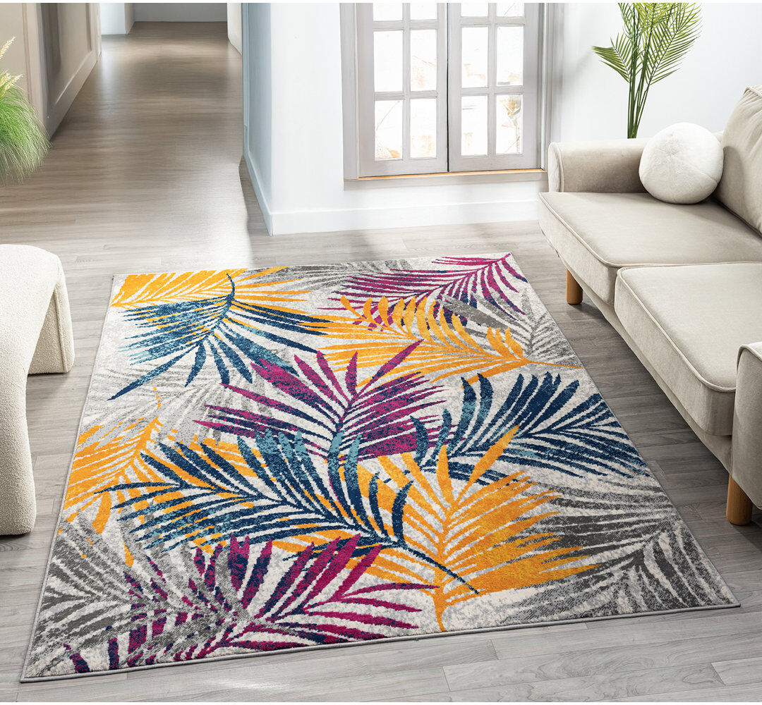 Langley Street Athena Modern Living Room Area Rug – Cut Pile Weaving - Jute Backing- Botanical Leaf Design Low Pile Rug, Multi Coloured, Multi Coloured Rectangle 200 x 290 cm