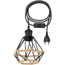 ledscom.de 3 m Textilkabel RETRA, Vintage, schwarz, E27 Fassung, Stecker, Schalter, Käfig-Schirm, schwarz mit Hanf, 155mm Ø