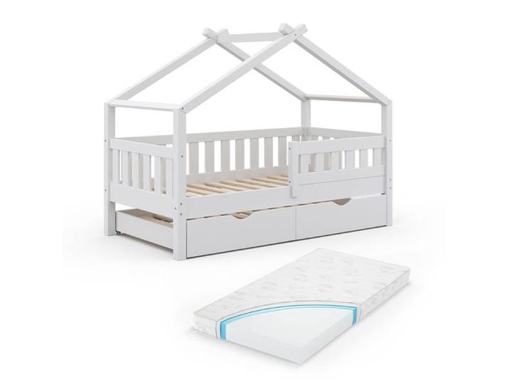 Lit cabane Design 80x160 cm avec lit d'appoint et matelas Blanc Vitalispa 36237