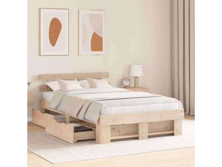 KTHLBRH Doppelbett 135 x 190 cm Kiefer massiv braun Mit Kopfteil, integrierter Behälter, Höhe 31 cm, Kapazität 200 kg
