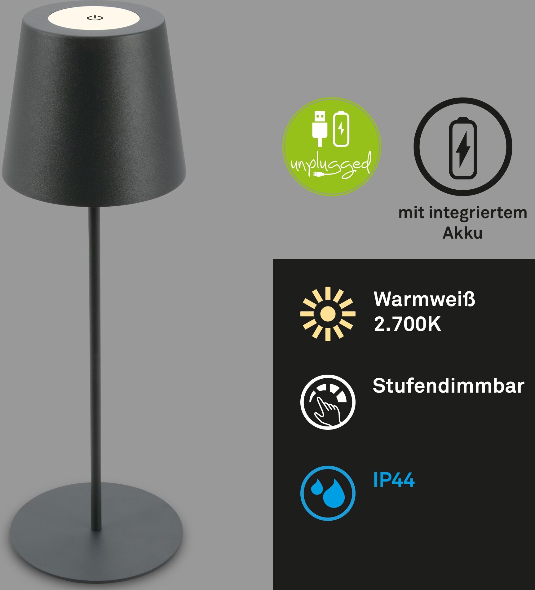 BRILONER LEUCHTEN Tischleuchte "2er Set LED Tischlampe kabellos, anthrazit", grau (anthrazit), Leuchten, 2er Set LED Tischlampe kabellos 36x10,5 cm Anthrazit, Tischleuchte