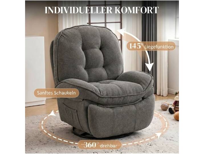 Fauteuil relax pivotant 360° – fauteuil inclinable à bascule – chenille gris clair – 1 place