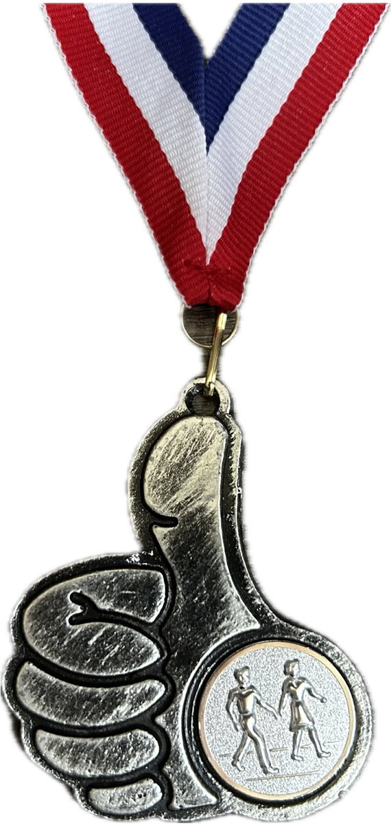 Wandelmedaille duim zilver Nijmeegse Vierdaagse met rood wit blauw lint