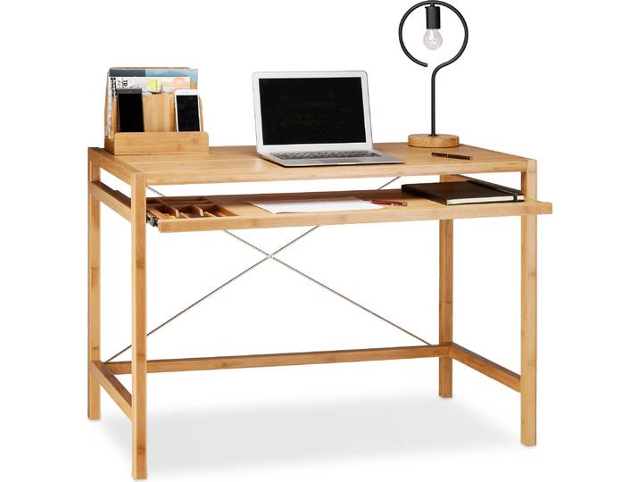 Relaxdays Computertisch Holz, Tastaturauszug, Bürotisch ausziehbar, Schreibtisch massiv, HxBxT: 76,5x106,5x55,5cm, natur