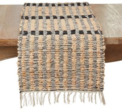 Saro Lifestyle "Textured Bold Stripe Fringe Table Runner - 16""x72"""