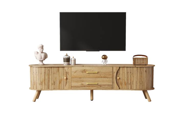 Meuble TV ovale PINGGO, design à rainures verticales, 2 portes coulissantes, 2 tiroirs, pieds en bois massif, aspect bois, MDF, style scandinave