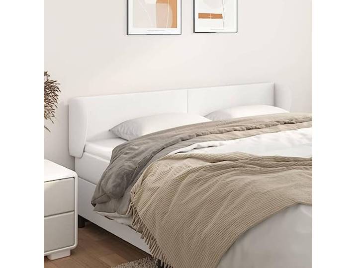 KTHLBRH Kopfteil aus weißem Kunstleder, klassisch, elegantes Design, höhenverstellbar, Beine aus massivem Lärchenholz, stabile Rückenunterstützung