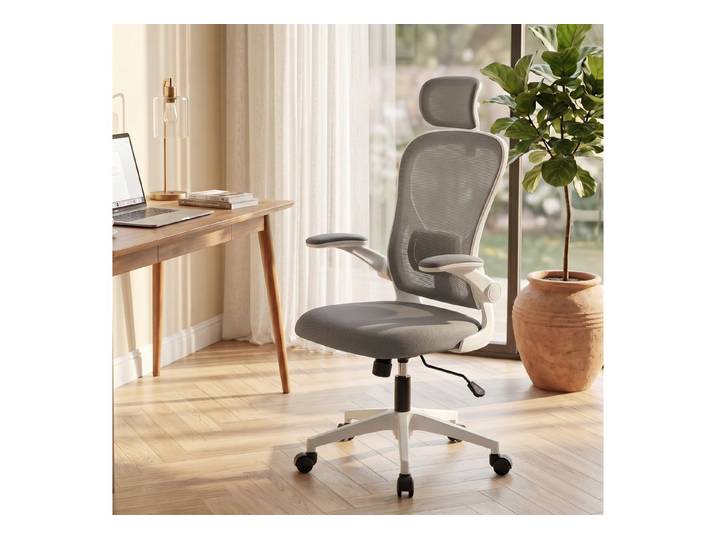 OKWISH Bistrostuhl Ergonomischer Drehstuhl Grau mit verstellbarer Lendenwirbelstütze (Bequemer Arbeitsplatzstuhl für lange Sitzzeiten im Alltag, 1 St), Schreibtischstuhl mit hochklappbaren Armlehnen für Homeoffice