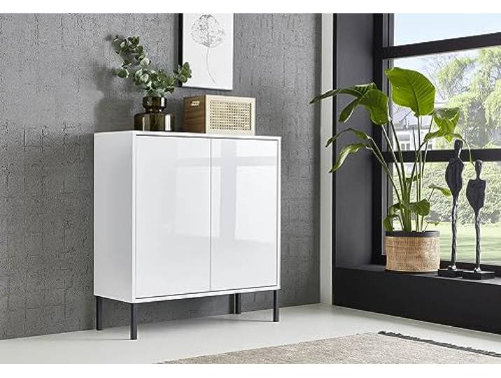 moebel-dich-auf Kommode Ben 4 mit Metallfüßen Sideboard Türkommode (weiß/weiß Hochglanz)