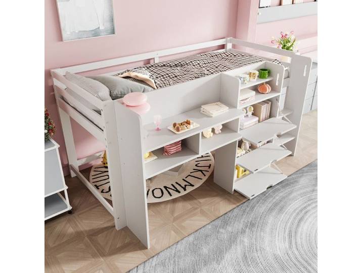 Lit mi-hauteur forme maison - 90x200 cm - Blanc - Pin - Espace de rangement - Espace de divertissement sans matelas Lit pour enfants