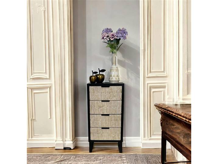 Commode 4 tiroirs bois et métal décor oriental