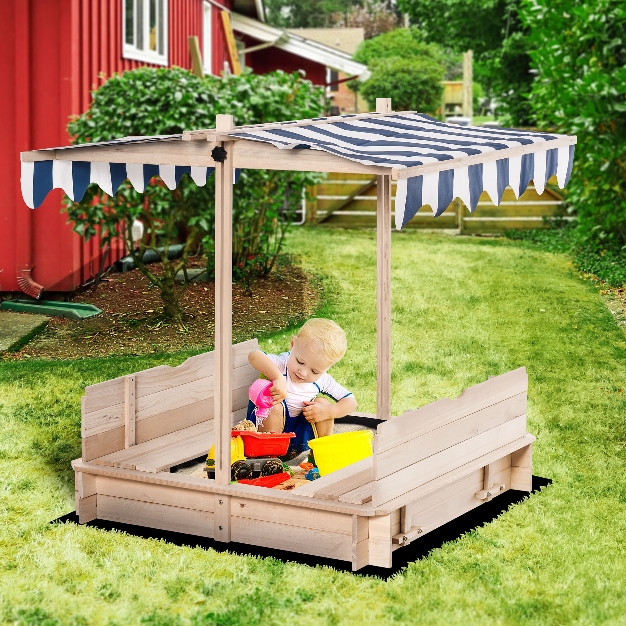 Altro Sabbiera Per Bambini In Legno Con Tettuccio Parasole, Panca E Coperchio, 106x106x115 Cm Bianco E Blu