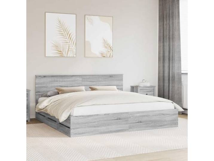 RJPLMFV Bettgestell, Grau, Sonoma, 200 x 200 cm, Holz, Technik Versteckte Schubladen, feste Latten, stabile quadratische Füße, einfache Reinigung