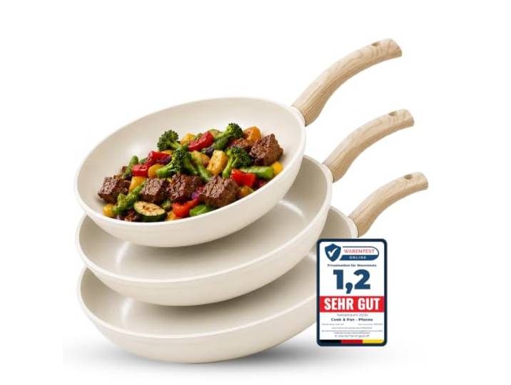 Cook&Pan Pfannenset Induktion - Keramikpfanne PFAS & Teflon frei - 3-teilig Bratpfanne mit [Greenshield] Antihaftbeschichtung - 20/24/28cm, Non Stick Pan [Spülmaschinenfest] - Creme