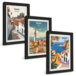 BILDER SET 3er Set - 20x30 cm Schwarzer Rahmen - Retro-Illustrationen von Weltstädten