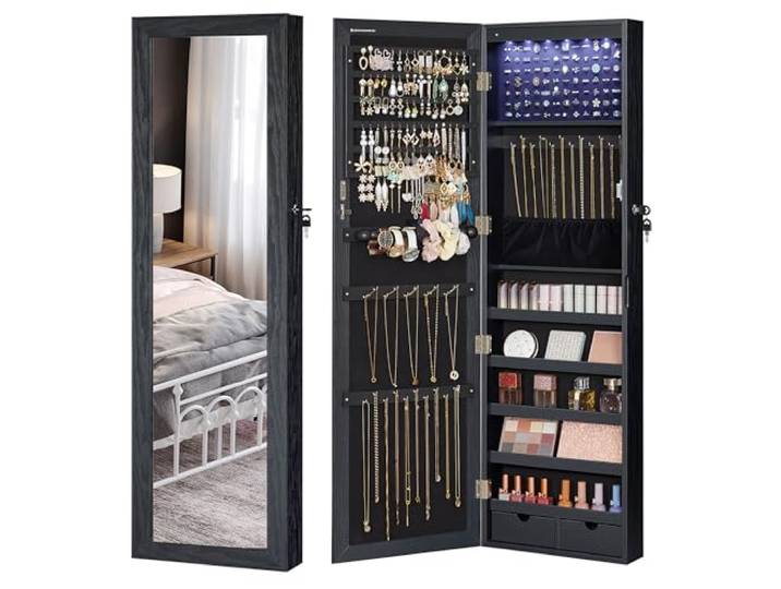 SONGMICS Schmuckschrank hängend, Wandspiegel, 6 LED-Glühbirnen