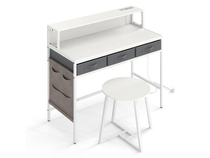 Ensemble bureau et tabouret avec support écran coiffeuse/bureau informatique 110 cm avec prises et rangements