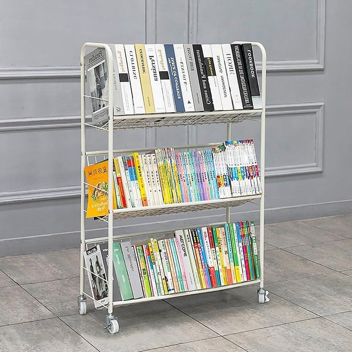 Mobiele Boekenplank Trolley met 3 Verdiepingen en Afsluitbare Wielen - Metaal