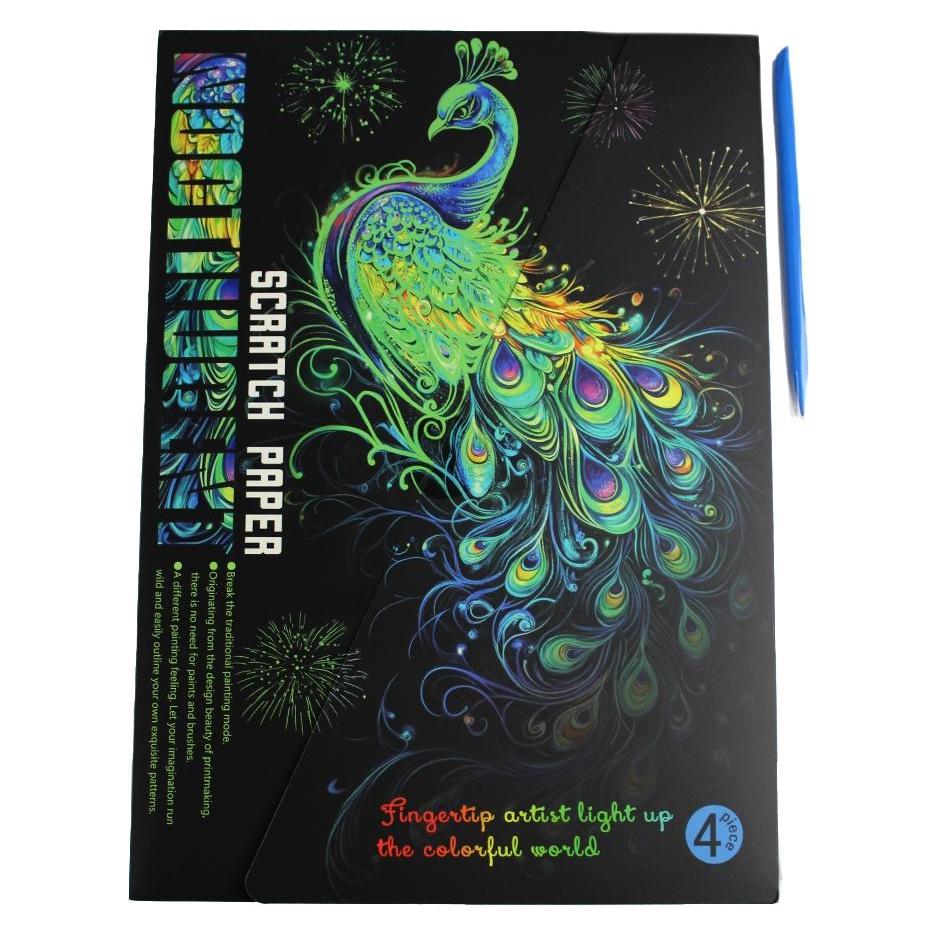 Magni PRACHT Kratzbilder Pfau nachtleuchtend 28,5x21cm 4 Stück (58523417)