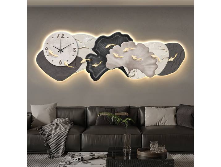 Neuf poissons modèle salon mur LED lumière avec horloge et montre 2025 nouveau Style canapé fond applique argent feuille d'érable Emi