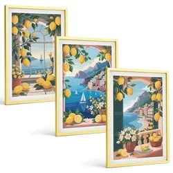 BILDER SET 3er Set - 40x60 cm Goldrahmen - Meerblick, italienische Zitronen