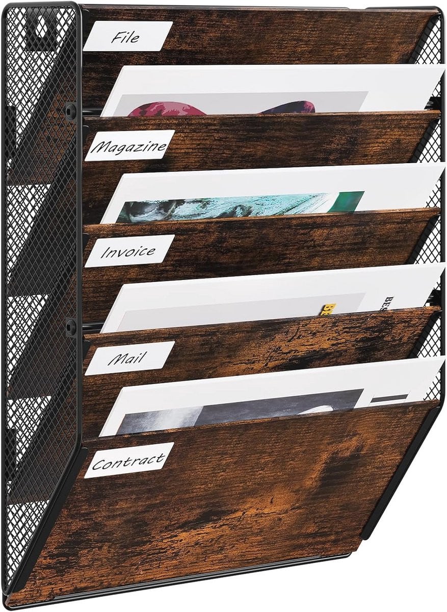 5-Tier A4 Metalen Houten Muur Pocket Organizer - Tijdschrift en Mailhouder