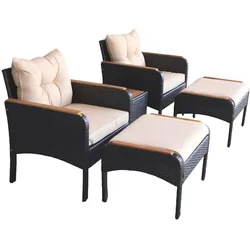 HC Garten & Freizeit Gartenmöbelset Rattan-Möbelset Gartenstuhl mit Hocker 5tlg. mit Armlehne aus Akazienholz - beige