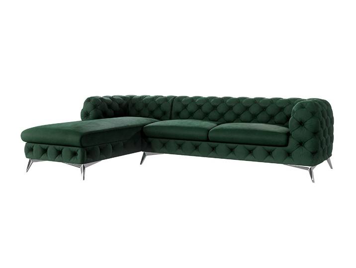 S-Style Möbel Paul - Chesterfield Ecksofa mit Ottomane mit Silber Metall Füßen - Flasche Grün