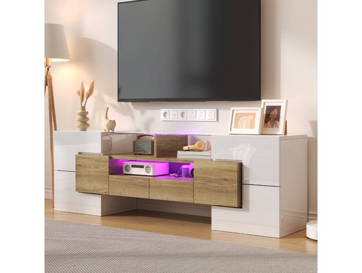 Armoire TV élégante, Lowboard, 145 cm, éclairage LED, blanc + or + panneaux de particules + table TV 50-59 pouces, meubles de salon