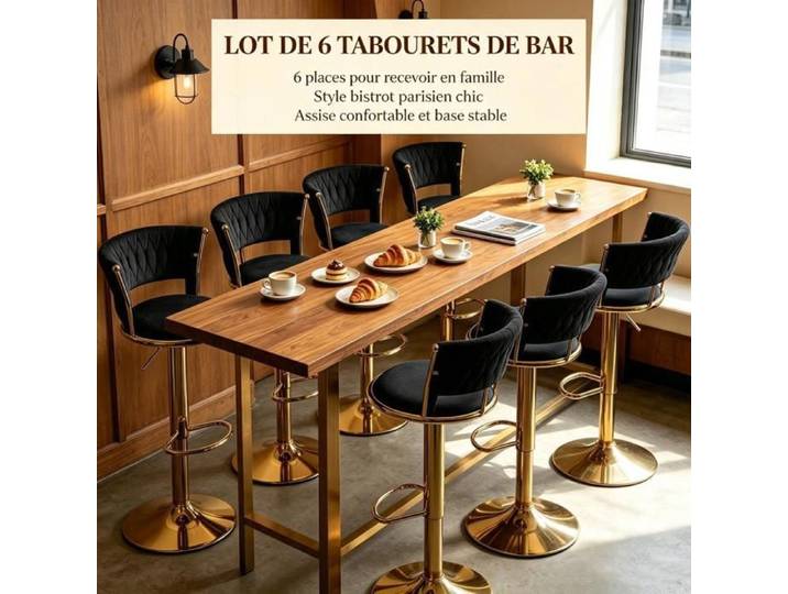 PIPIPOXER Lot de 6 Tabouret de bar velours noir tressé structure dorée chaise comptoir réglable pivot 360° mobilier bar lounge
