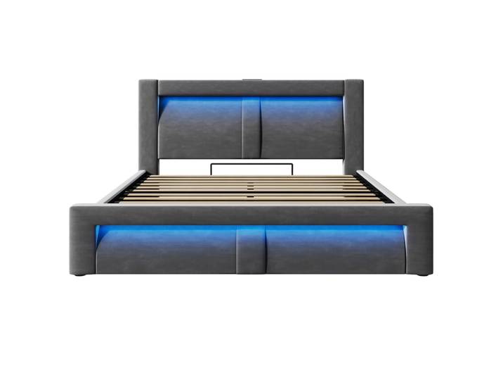 Lit double en velours de polyester gris 140x200 cm