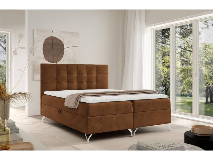 Fun Möbel Boxbett Bett Schlafzimmerbett MERSIN in Strukturstoff Coral (Kopfteil gepolstert, inkl. Topper), inkl. 2 x Bettkasten